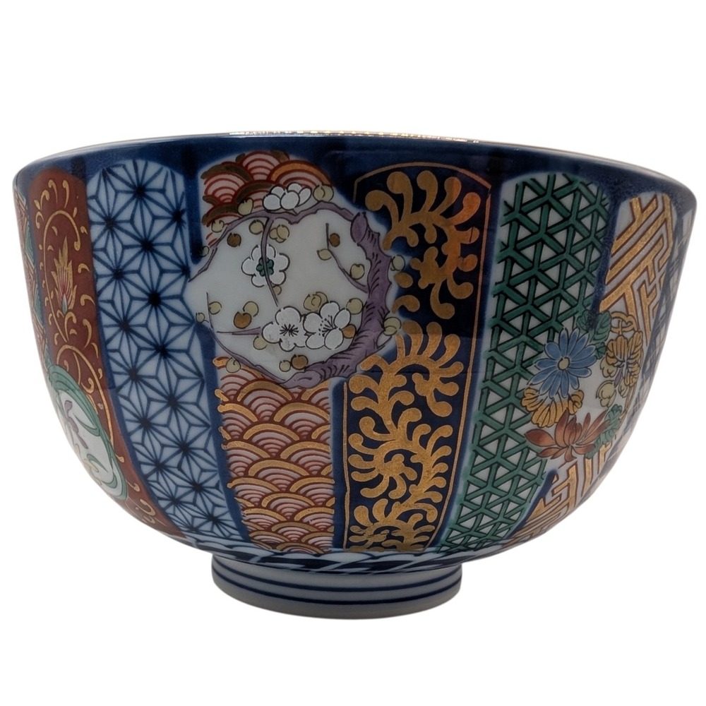 Vintage Imari Porcelain Bowl Footed Gold Gilt Japanese Cobalt Blue Background
